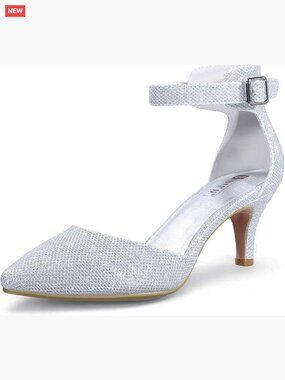 Pointed Toe Kitten Heel Pumps with Ankle Strap, Adjustable Buckle, Formal Dress